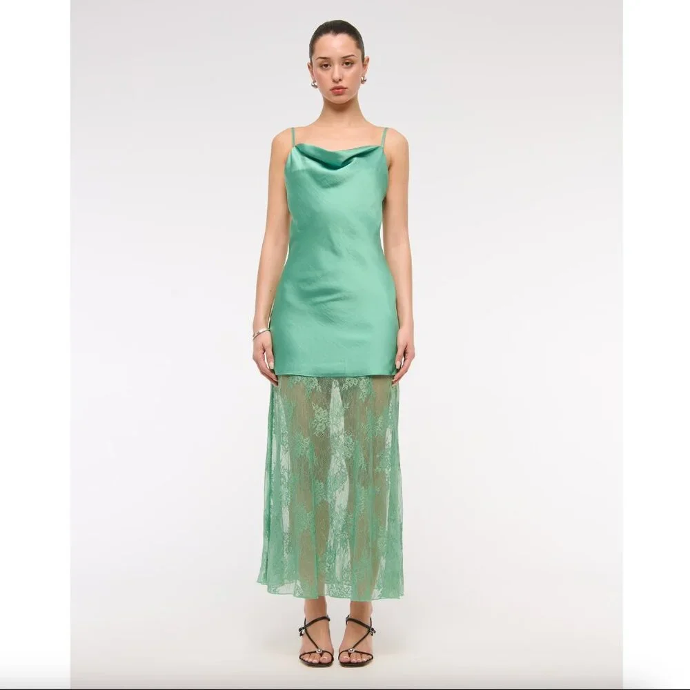 Abercrombie & Fitch Green Cowl Neck Satin Strappy Lace Mini Maxi Skirt Dress
